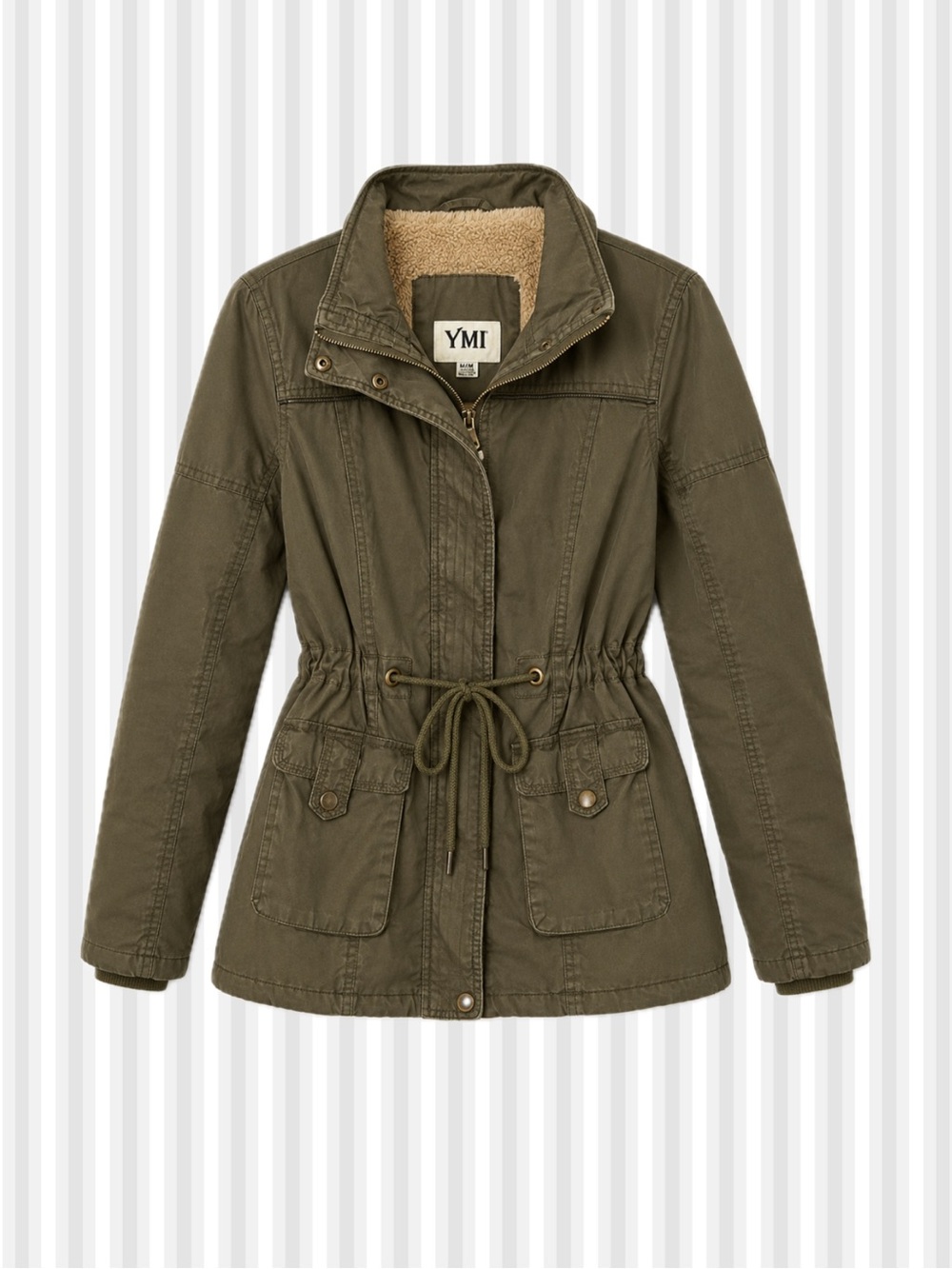 YMI Womens M Olive Utility Field Jacket Sherpa Lined Cotton Drawstring Waist